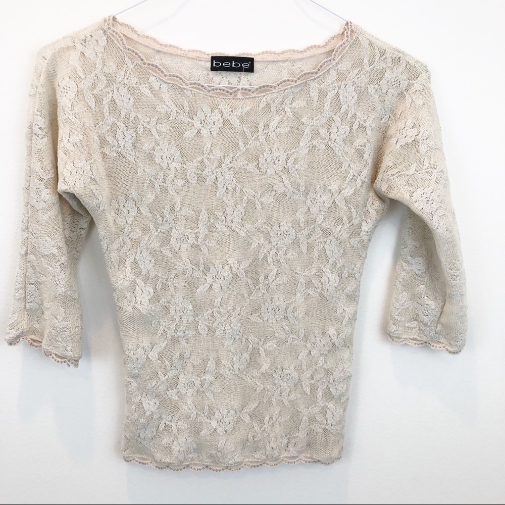 Bebe stretch lace scallop trim 3/4 sleeve top